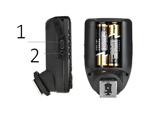 USB разъем тип C (1), Гнездо для синхрокабеля 2,5мм (2)