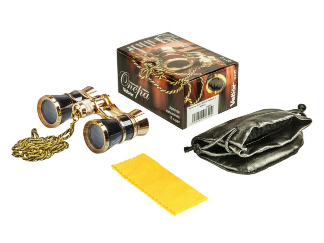 Бинокль театральный Veber Opera БГЦ 3x25 с цепочкой, черный/золотой