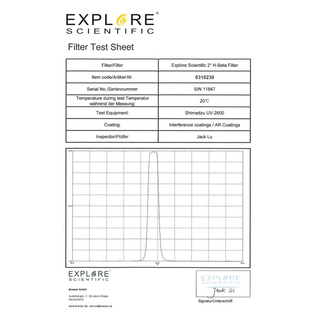 Фильтр Explore Scientific 2" H-Beta Nebula Filter Фильтр Explore Scientific 2" H-Beta Nebula Filter