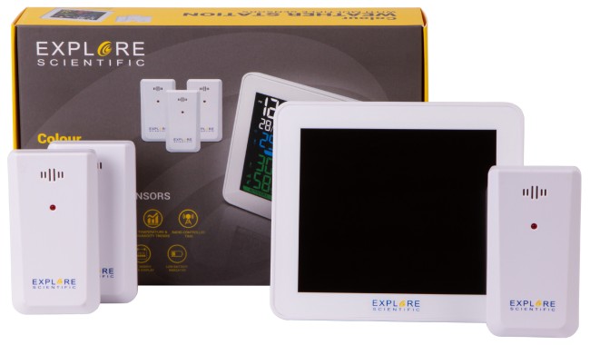 Метеостанция Explore Scientific с цветным экраном и тремя датчиками, белая Метеостанция Explore Scientific с цветным экраном и тремя датчиками, белая