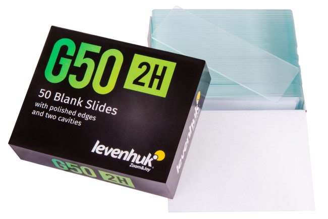 Стекла предметные с двумя лунками Levenhuk G50 2H, 50 шт. Стекла предметные с двумя лунками Levenhuk G50 2H, 50 шт.