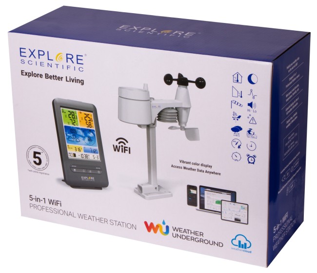 Метеостанция Explore Scientific «5 в 1» Wi-Fi с цветным дисплеем, черная