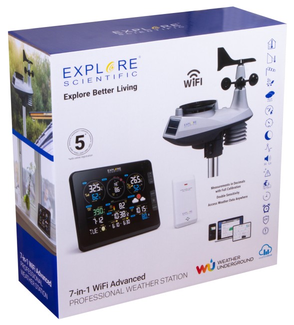 Метеостанция Explore Scientific «7 в 1» Wi-Fi, профессиональная, черная Метеостанция Explore Scientific «7 в 1» Wi-Fi, профессиональная, черная