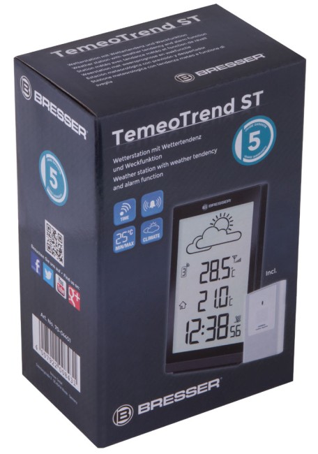 Метеостанция Bresser TemeoTrend ST с радиоуправлением, черная Метеостанция Bresser TemeoTrend ST с радиоуправлением, черная