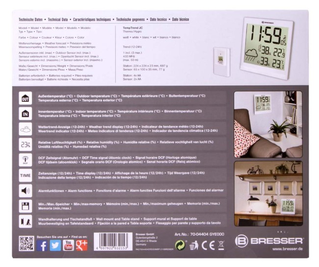 Метеостанция (настенные часы) Bresser TemeoTrend JC LCD с радиоуправлением, белая Метеостанция (настенные часы) Bresser TemeoTrend JC LCD с радиоуправлением, белая