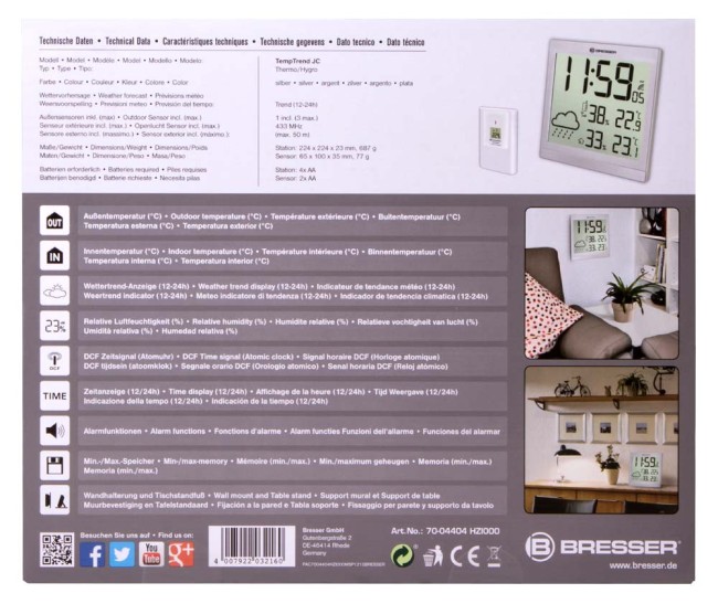 Метеостанция (настенные часы) Bresser TemeoTrend JC LCD с радиоуправлением, серебристая Метеостанция (настенные часы) Bresser TemeoTrend JC LCD с радиоуправлением, серебристая